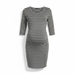 Times Two Maternity T-Shirt Dress Sz 2X Grey‎ Striped Knit Scoop Neck 3/4 Sleeve